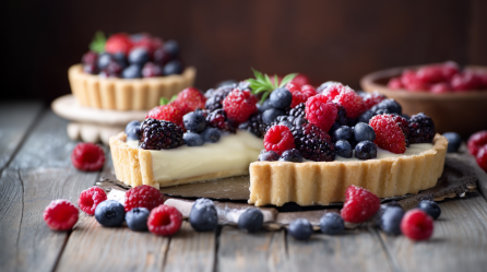 Angeschnittene Beerentarte mit weißer Schokolade auf einem Tablett. Einige Beeren als Deko davor.