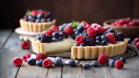 Angeschnittene Beerentarte mit weißer Schokolade auf einem Tablett. Einige Beeren als Deko davor.