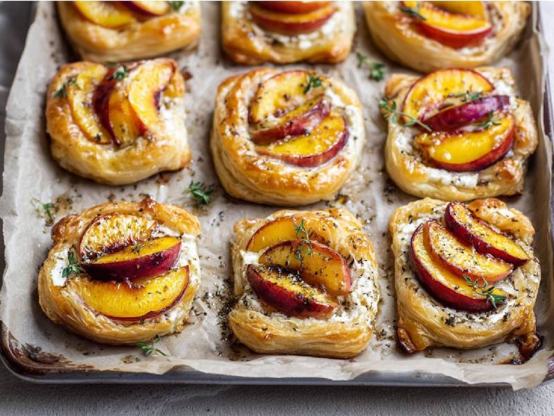 Backblech mit Blätterteig-Tartes mit Ziegenkäsecreme und Pfirsichen