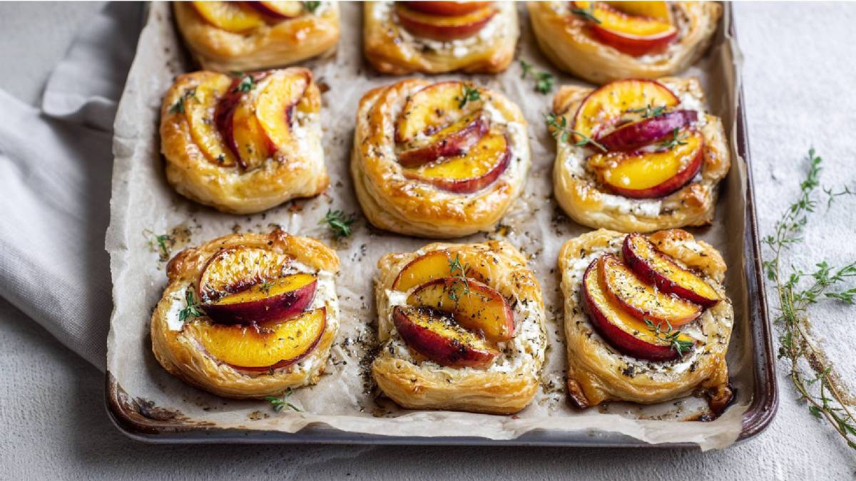 Backblech mit Blätterteig-Tartes mit Ziegenkäsecreme und Pfirsichen