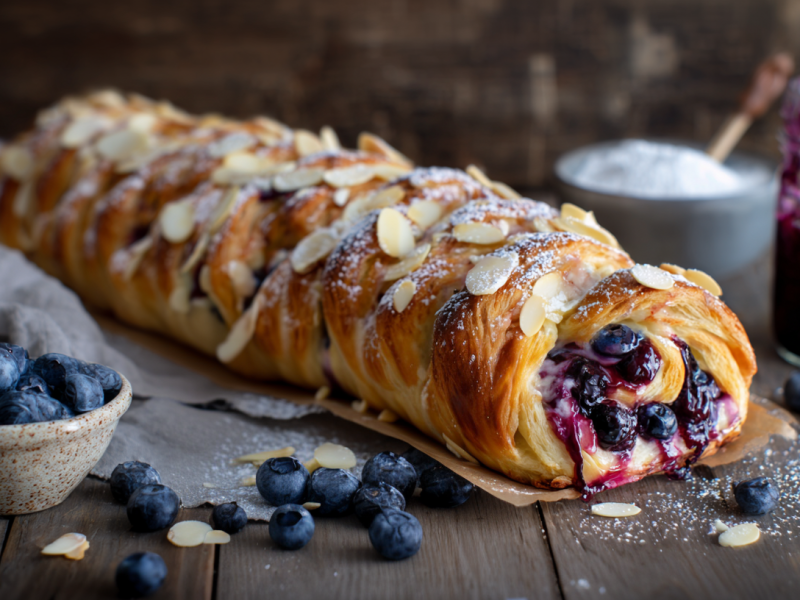 Blaubeer-Cheesecake-Plunderzopf, angerichtet auf einem Brett.