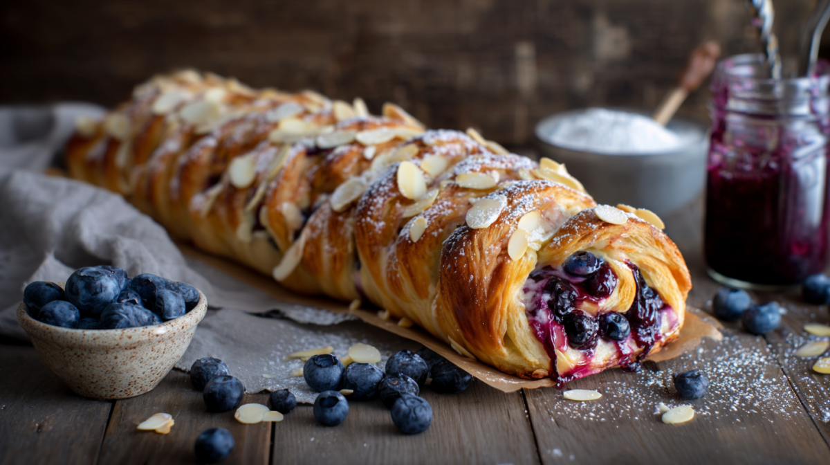 Blaubeer-Cheesecake-Plunderzopf, angerichtet auf einem Brett.