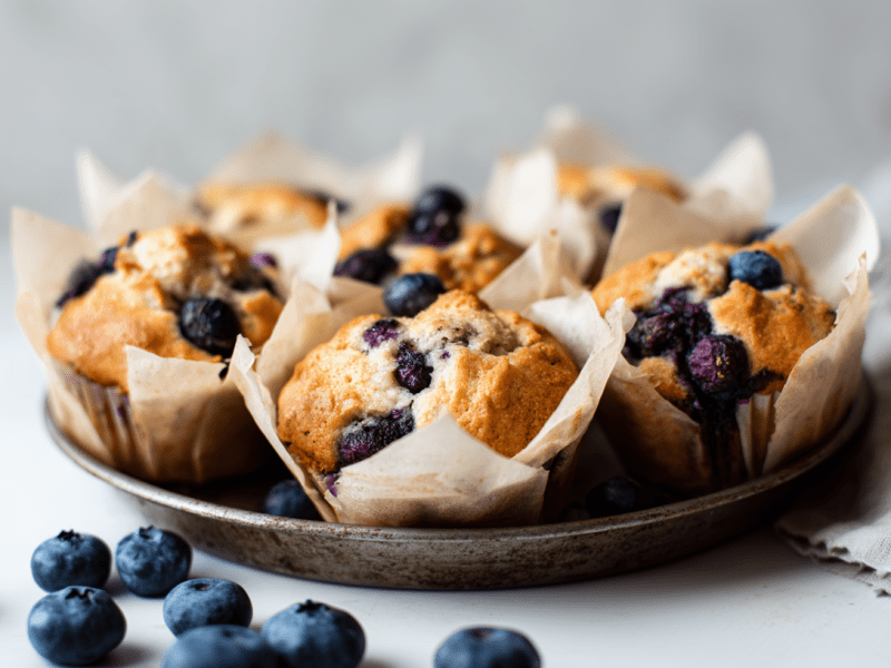 Mehrere Blaubeer-Kardamom-Muffins in einer kleinen Metallschale. Davor liegen einige Blaubeeren.