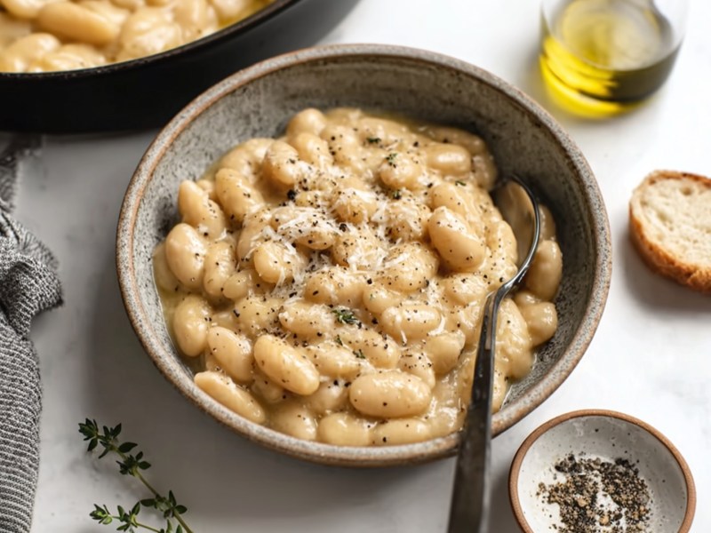 Eine Schüssel mit weißen Bohnen à la Cacio e Pepe. Ein Löffel ist in der Schüssel. Um die Schüssel herum kann man eine kleine Schale mit gemahlenem Pfeffer, ein Glasgefäß mit Olivenöl sowie eine Scheibe Brot sehen. Im Hintergrund steht eine große Pfanne mit weißen Bohnen à la Cacio e Pepe.