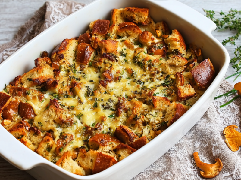 Eine Auflaufform mit Brezelauflauf mit Pfifferlingen, daneben Pfifferlinge und Thymian.