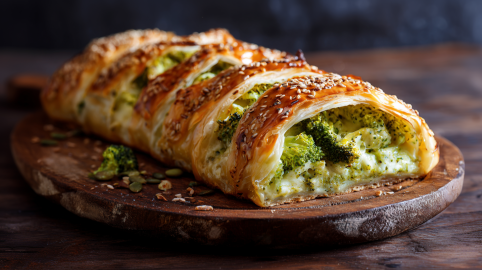 Ein Brokkoli-Käse-Strudel liegt auf einem Brett.