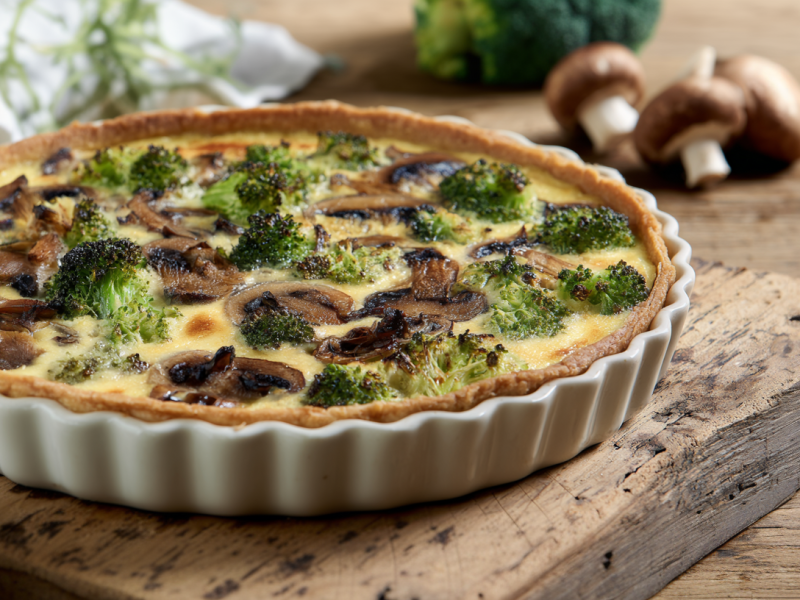 Eine Brokkoli-Pilz-Quiche in einer Quicheform auf einem Holzbrett. Im Hintergrund sieht man noch einige Champignons sowie einen Brokkkoli.