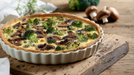 Eine Brokkoli-Pilz-Quiche in einer Quicheform auf einem Holzbrett. Im Hintergrund sieht man noch einige Champignons sowie einen Brokkkoli.