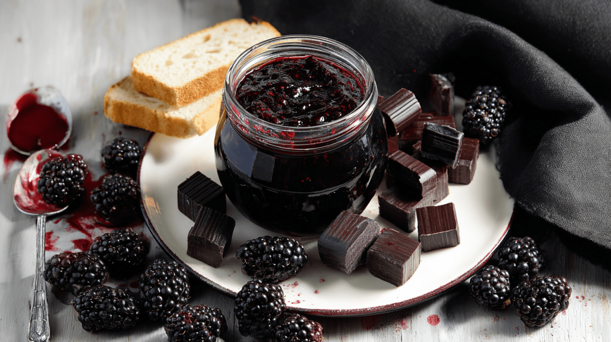 Ein Glas Brombeer-Lakritz-Marmelade, daneben liegen Brombeeren und Lakritzbonbons.