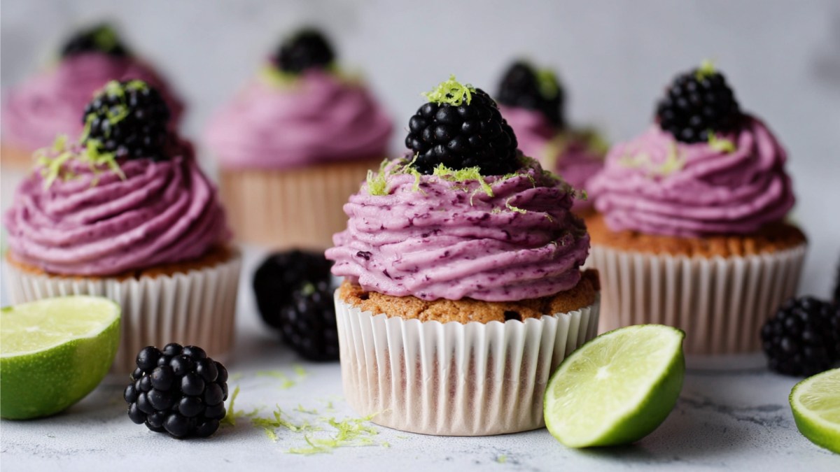 Mehrere Brombeer-Limetten-Cupcakes.