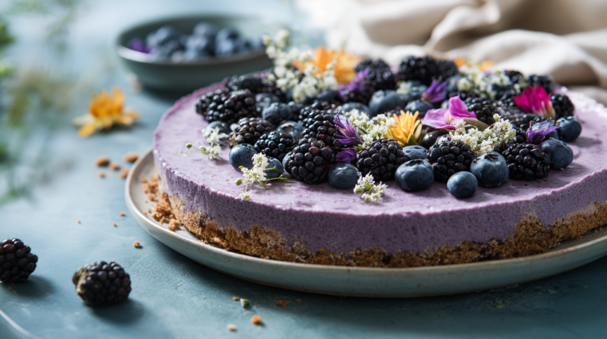 Brombeer-Mousse-Tarte, serviert auf einem Teller mit frischen Beeren und Blüten.