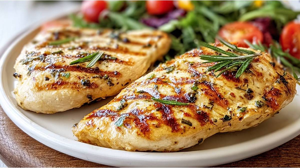 Teller mit zwei Buttermilch-Hähnchen vom Grill und Salatbeilage