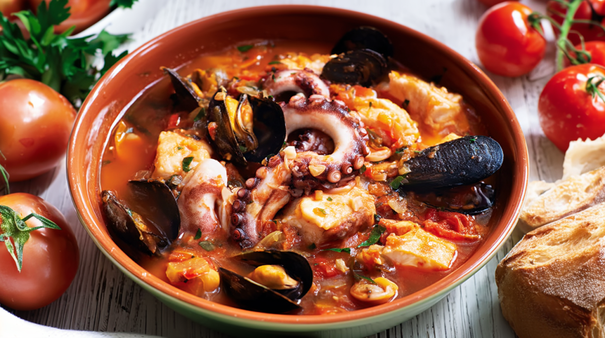 Eine Schüssel Cacciucco alla Livornese: italienischer Fischeintopf.