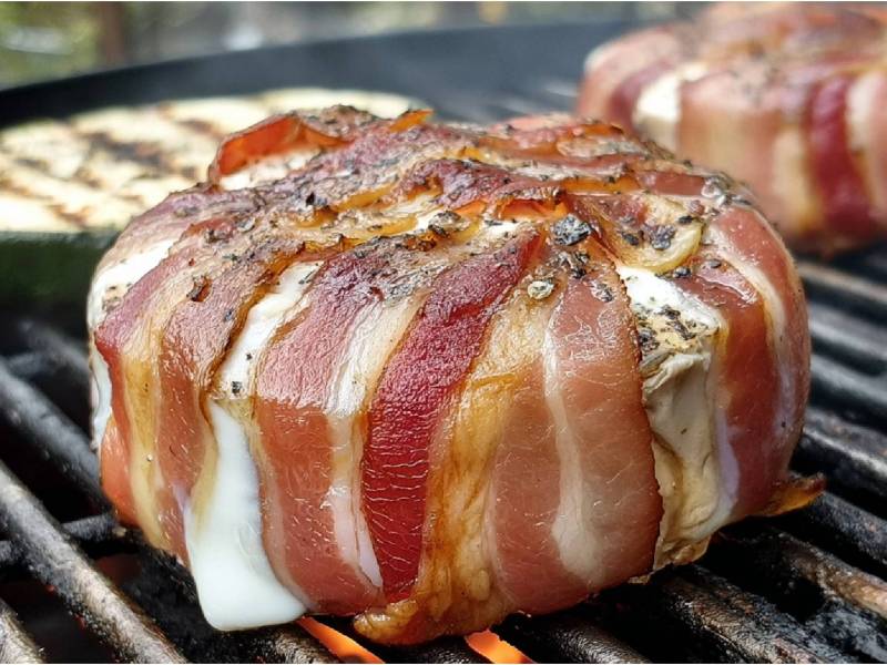 zwei Camembert im Speckmantel auf einem Grillrost