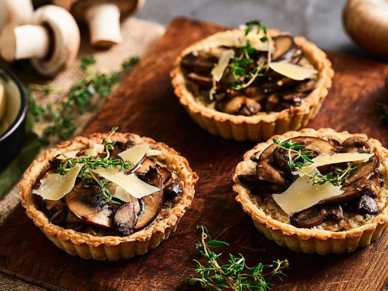 Drei Champignon-Tartelettes auf einem Holzbrett.