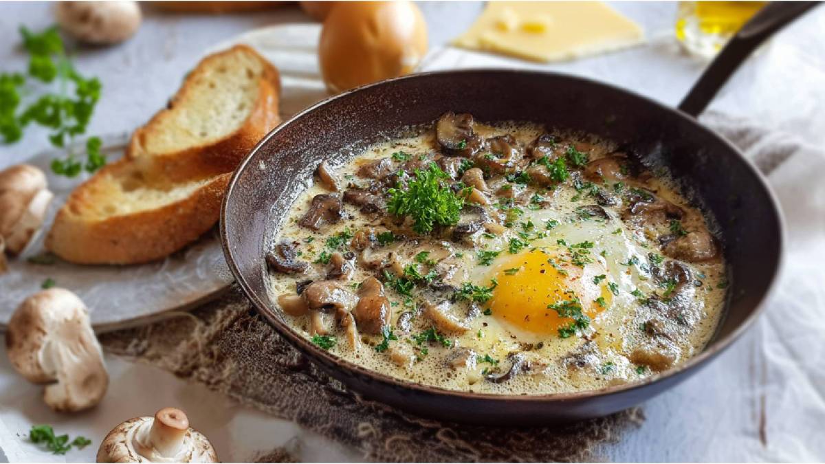 Rustikale Pfanne mit Champignonpfanne mit Ei, Brot daneben