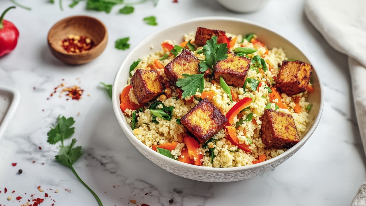 Warmer Couscous-Salat mit Tofu in einer Schüssel.