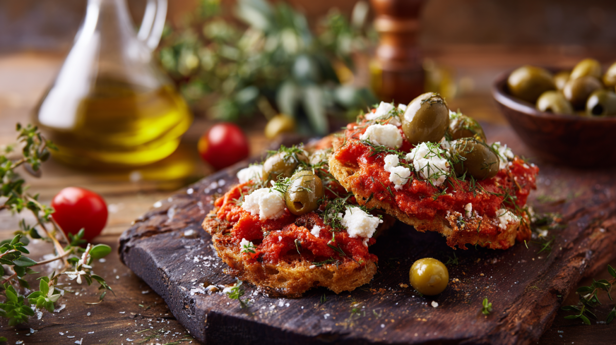 Zwei Dakos, eine griechische Vorspeise, auf einem Brett angerichtet. Daneben liegen frische Kräuter, Tomaten und Oliven als Deko.