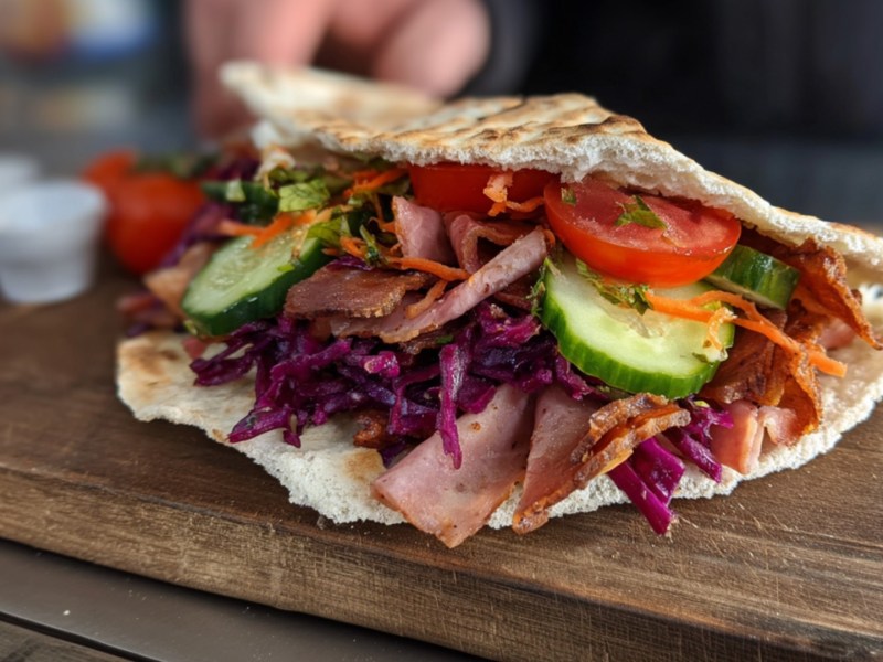 Ein DDR-Döner mit Jagdwurst und Gemüse auf einem Holzbrett.