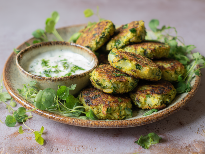 Ein Teller voller Erbsenfrikadellen auf neutralem Untergrund. Mit auf dem Teller steht ein Schälchen Dip. Auf dem Teller liegen frische Kräuter verteilt.