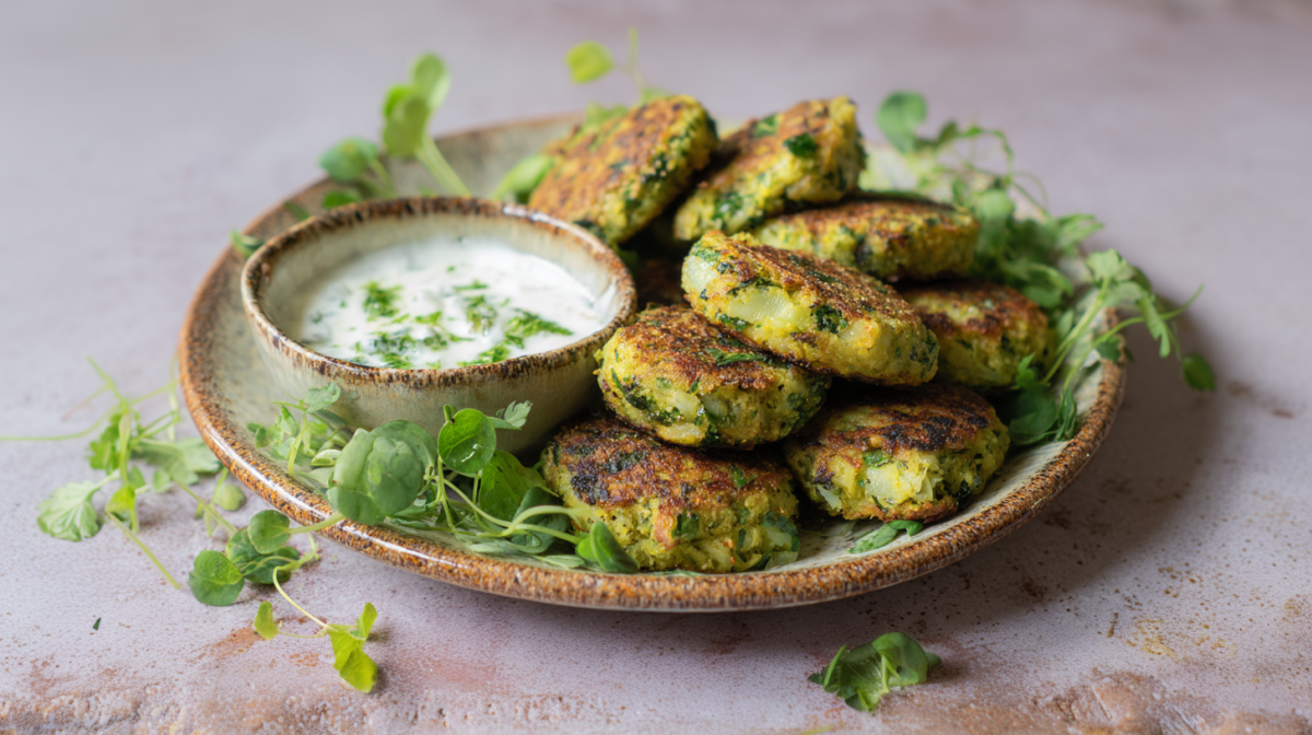 Ein Teller voller Erbsenfrikadellen auf neutralem Untergrund. Mit auf dem Teller steht ein Schälchen Dip. Auf dem Teller liegen frische Kräuter verteilt.