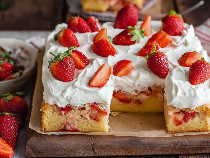 Ein Erdbeer-Buttermilchkuchen auf einem rustikalen Holzbrett. Links vom Brett liegen einige lose Erdbeeren sowie eine Schale mit Erdbeeren. Rechts liegt ein rot-weißes Küchentuch mit einer Erdbeere darauf.