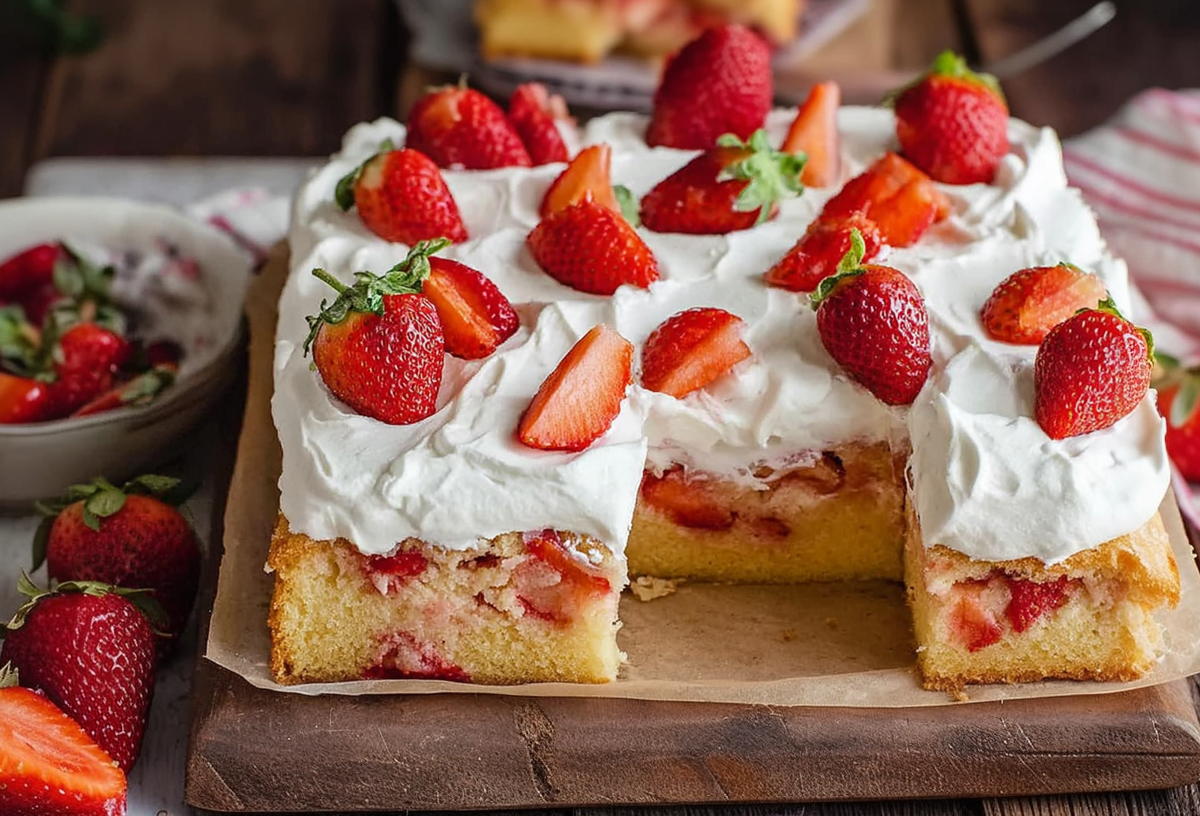 Ein Erdbeer-Buttermilchkuchen auf einem rustikalen Holzbrett. Links vom Brett liegen einige lose Erdbeeren sowie eine Schale mit Erdbeeren. Rechts liegt ein rot-weißes Küchentuch mit einer Erdbeere darauf.