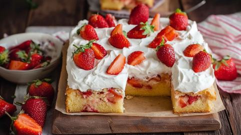 Ein Erdbeer-Buttermilchkuchen auf einem rustikalen Holzbrett. Links vom Brett liegen einige lose Erdbeeren sowie eine Schale mit Erdbeeren. Rechts liegt ein rot-weißes Küchentuch mit einer Erdbeere darauf.