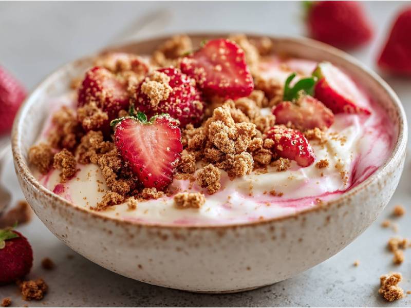 Schale mit Erdbeer-Joghurt-Quark mit Lotus-Crumble