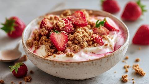 Schale mit Erdbeer-Joghurt-Quark mit Lotus-Crumble