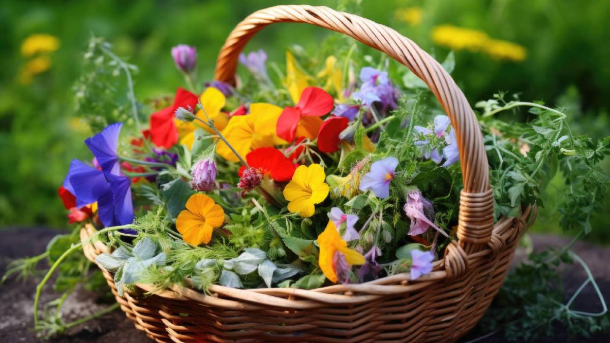 Korb mit Kräutern und essbaren Blüten auf einer Wiese