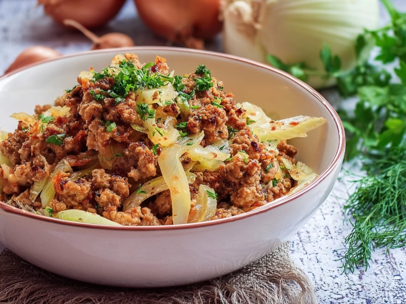 Ein Teller Fenchel-Hackfleisch-Ragout mit Petersilie.