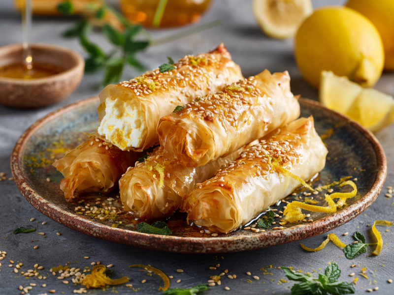 Fünf Rollen Feta im Filoteig liegen auf einem kleinen Teller. Sie sind mit Honig beträufelt, mit Sesamsamen bestreut und mit Zitronenschalenabrieb garniert. Links im Hintergrund sieht man eine Honigschale, rechts liegen zwei Zitronen.