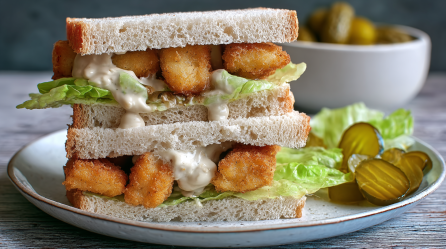 Fischstäbchen-Sandwich auf einem Teller. Daneben Gewürzgurken und Salat.