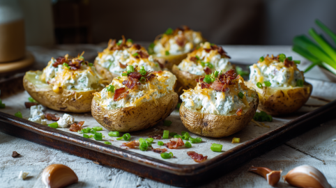 Sieben Flammkuchen-Kartoffeln liegen auf einem Backblech. Drumherum verteilt liegen Frühlingszwiebeln und Knoblauchzehen.