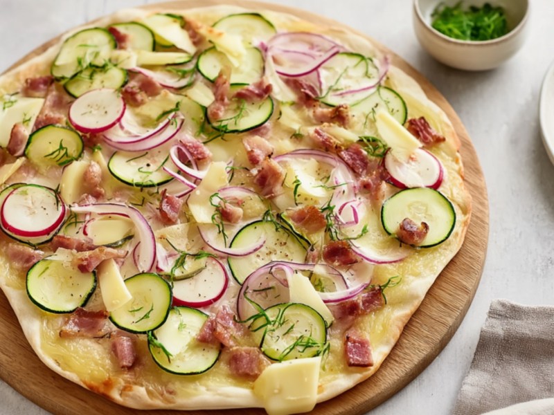 Ein Flammkuchen mit Zucchini vom Grill auf einem Holzbrett.