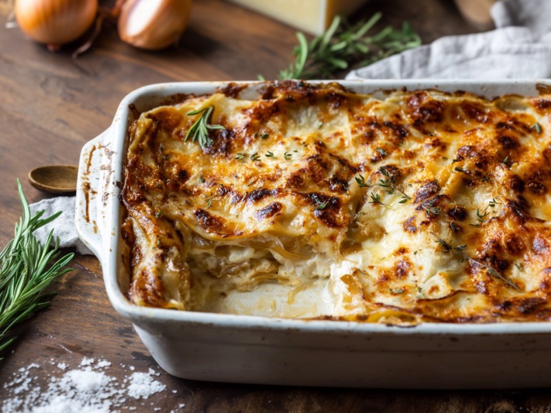 Eine Auflaufform mit einer French-Onion-Lasagne. Es liegen Zwiebeln und frischer Rosmarin herum sowie Salz herum.