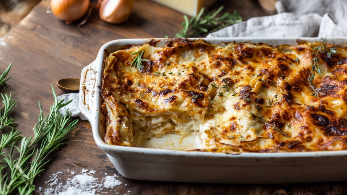 Eine Auflaufform mit einer French-Onion-Lasagne. Es liegen Zwiebeln und frischer Rosmarin herum sowie Salz herum.