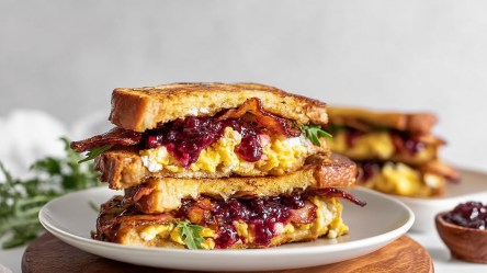 Ein Teller mit einem aufgeschnittenen French-Toast-Sandwich. Beide Hälften sind aufeinander gestapelt. Im Hintergrund kann man einen weiteren Teller mit einem French Toast Sandwich erkennen, sowie etwas frischen Rucola und eine kleine Schale mit Preiselbeermarmelade.
