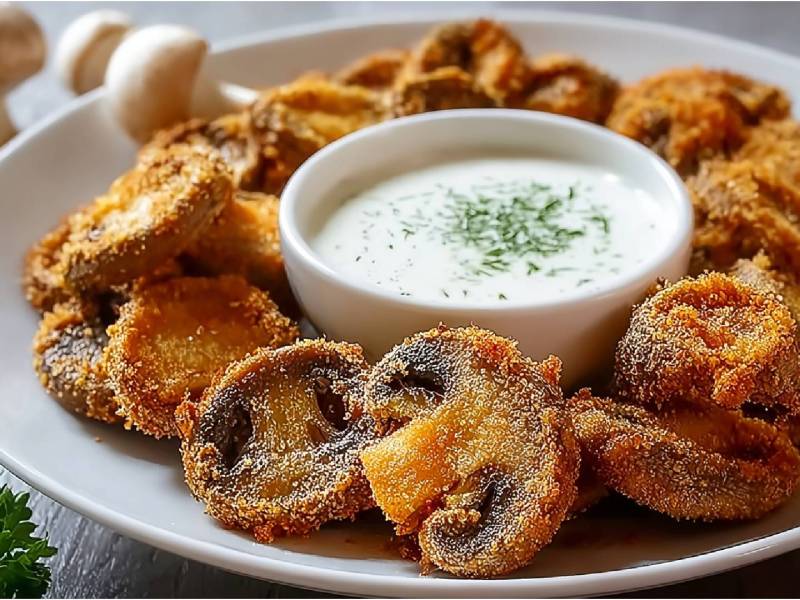 Teller mit frittierten Champignons und einer Schale mit einem Dip daneben