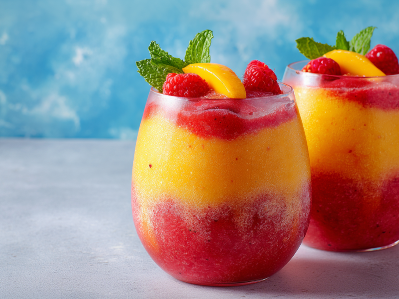 Zwei Gläser mit Frozen Tropical Smoothie, garniert mit frischen Himbeeren, Mango und Minze.
