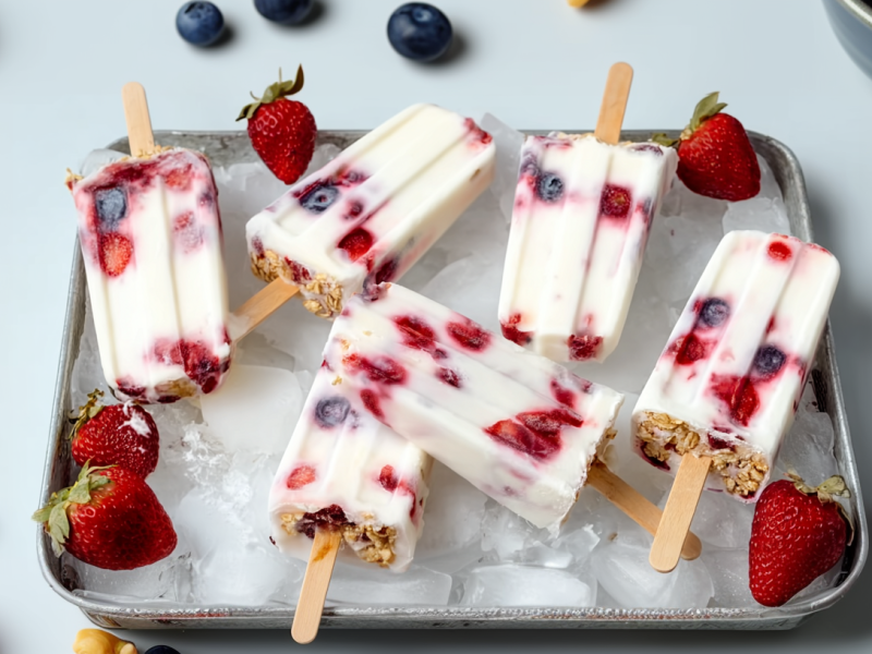 Sechs Frühstückseis liegen auf einer, mit Eiswürfeln gefüllten Form. Drumherum verteilt liegen Blau- und Erdbeeren.