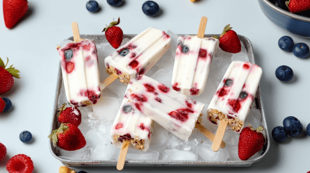 Sechs Frühstückseis liegen auf einer, mit Eiswürfeln gefüllten Form. Drumherum verteilt liegen Blau- und Erdbeeren.