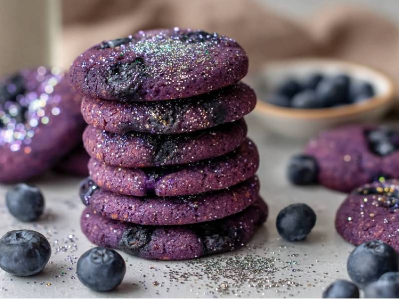 Gestapelte Heidelbeer-Cookies mit Glitzer bestäubt und frischen Heidelbeeren daneben