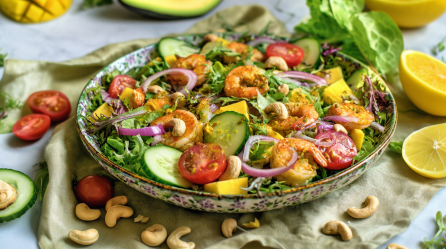 Ein Garnelen-Mangosalat auf einem tiefen Teller. Er ist mit gebratenen Garnelen zubereitet und mit Cashewkernen bestreut. Rund um den Teller verteilt liegen Cashewkerne, Gurkenscheiben, Tomaten und eine halbierte Zitrone. im Hintergrund sieht man eine angeschnittene Mango und Avocado.