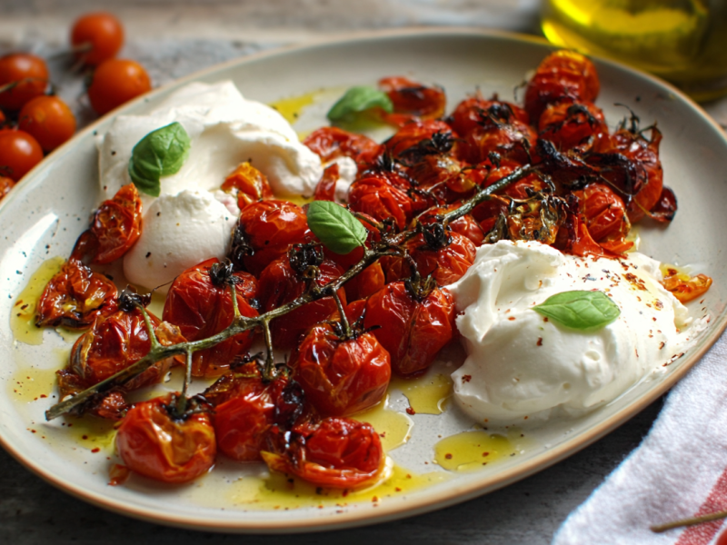 Gebackene Tomaten mit Burrata auf einem ovalen Teller, serviert mit Basilikum und Olivenöl.