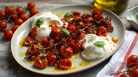 Gebackene Tomaten mit Burrata auf einem ovalen Teller, serviert mit Basilikum und Olivenöl.