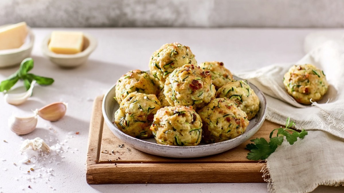 Ein Teller, der auf einem Holzbrett steht und in dem einige gebackene Zucchini-Knödel liegen. Außerdem kann man im Bild zwei kleine Schalen mit jeweils einem Stück Butter, Knoblauchzehen und verstreutes Mehl sehen.