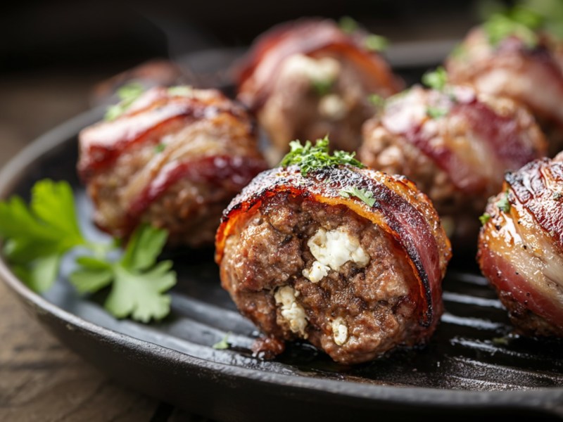 Mehrere gefüllte Frikadellen vom Grill auf einem Teller.