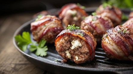 Mehrere gefüllte Frikadellen vom Grill auf einem Teller.